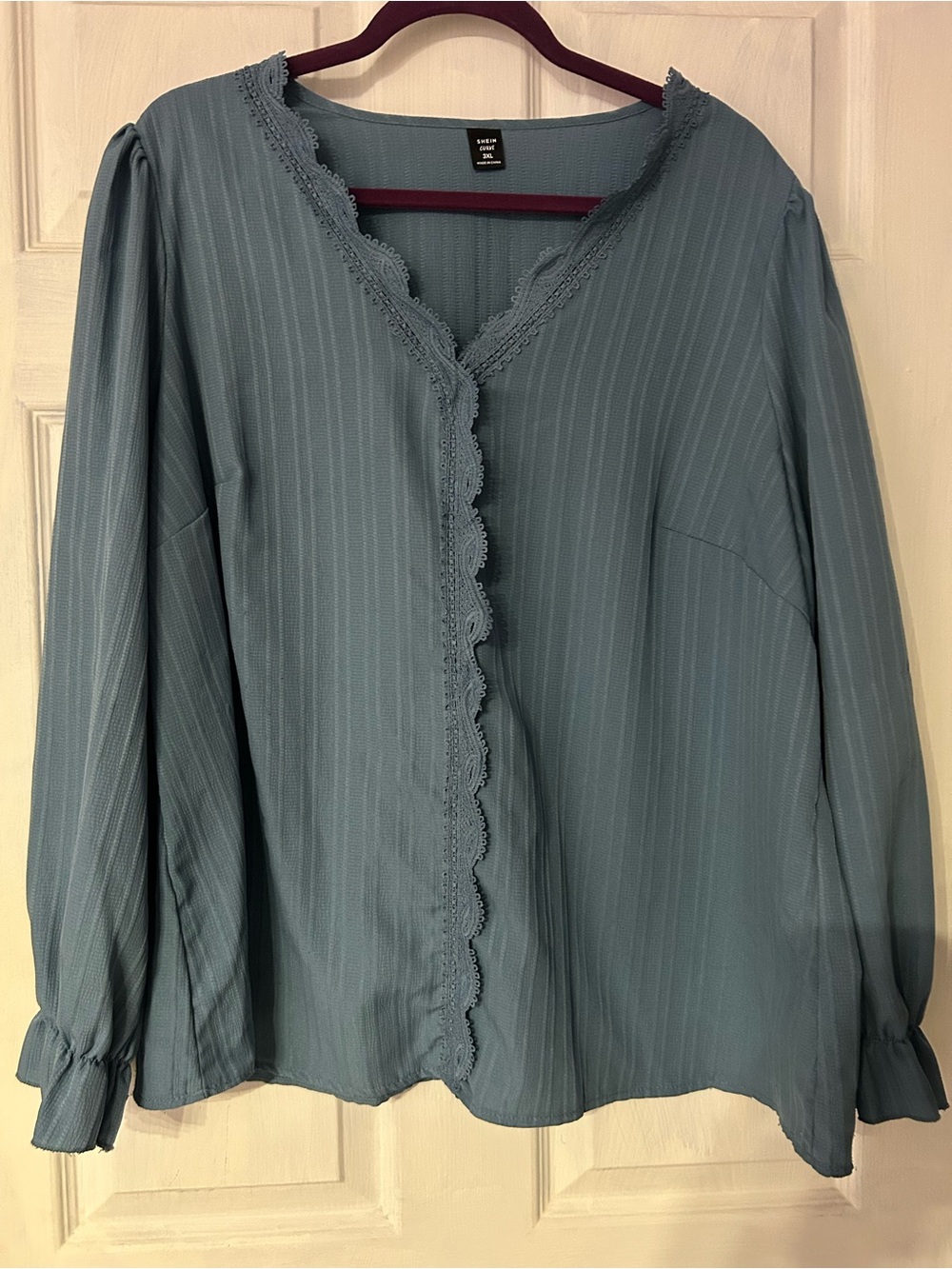 SHEIN Dusty Blue V-Neck Long Sleeve Blouse with Crochet Trim